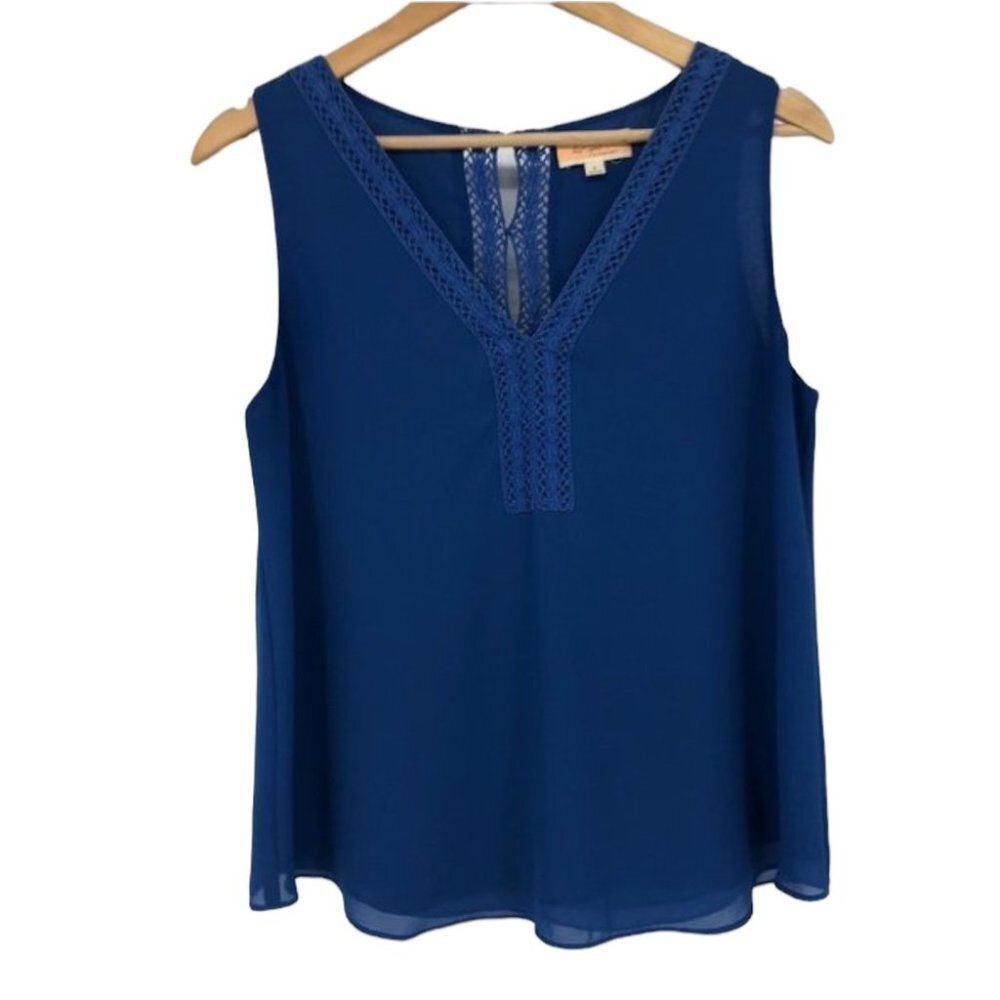 Lost April Cobalt Blue Lace trim  V-neck Chiffon Sleeveless Blouse LG
